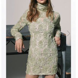 Designer Zeynep Arcay Floral Silk Dress Mint sz 0 2 runway RARE turtleneck retro